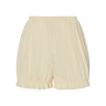 Cream eyelet, bloomer-style shorts with ruffled hem on a white background.