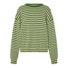 Green and white striped sweater on a white background.
