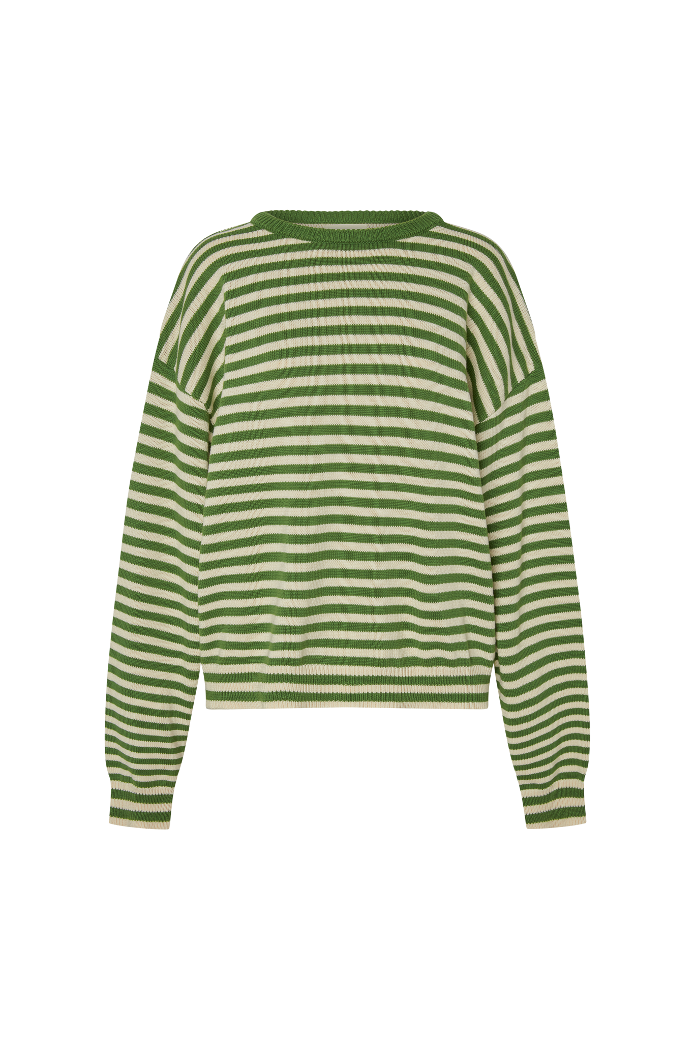 Green and white striped sweater on a white background.