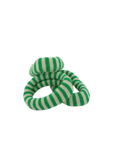 Green and white striped dog toy shaped like a snake on a white background