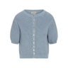 Blue knitted short sleeve cardigan on a white background.