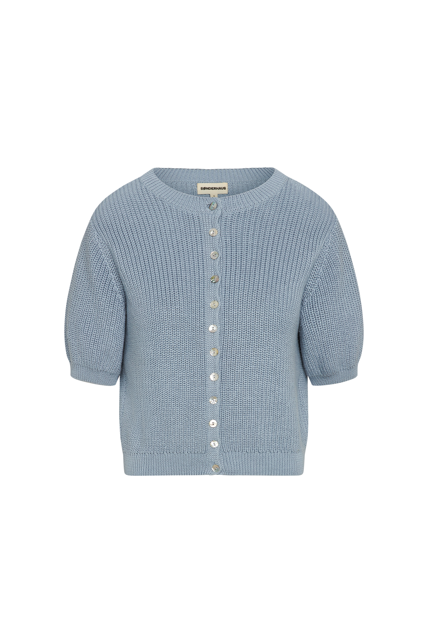 Blue knitted short sleeve cardigan on a white background.