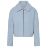 Light blue, zipper front wool jacket with a collar on a white background