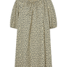 Cream, floral printed dress with a tie neckline and short sleeves on a white background.