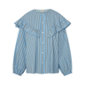 Blue and brown striped button up blouse with a large ruffled collar and long sleeves on a white background.
