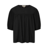 Black babydoll-style blouse with short balloon sleeves on a white background.