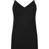 Black, spaghetti strap slip dress on a white background.