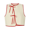 Cream sleeveless top with red trim and ribbed texture on a white background.