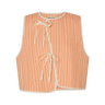 Cream and red striped sleeveless top with cream trim and ribbed texture on a white background.