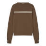 Brown sweater with two white stripes on a white background.