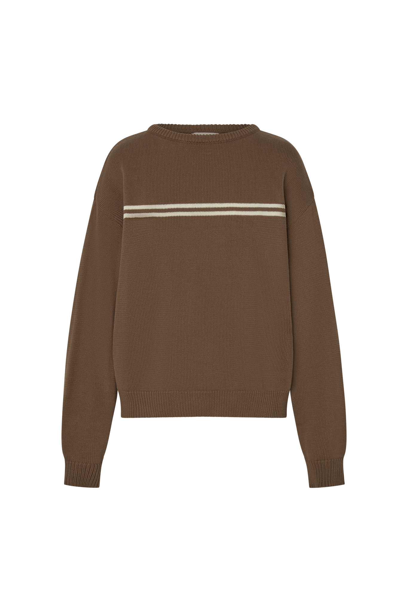 Brown sweater with two white stripes on a white background.