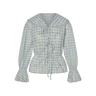 Blue plaid blouse with front ties on a white background