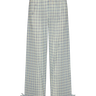 Blue plaid pants with bow details on a white background.