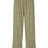Green plaid pants with ruffled ankle hem on a white background.