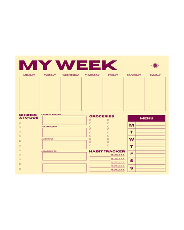 Weekly planner sheet with various sections on a white background
