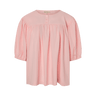 Pink babydoll-style blouse with short balloon sleeves on a white background.
