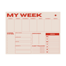 Weekly planner sheet with red text on a white background