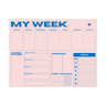 Weekly planner sheet with daily tasks and habit tracker on a pink background