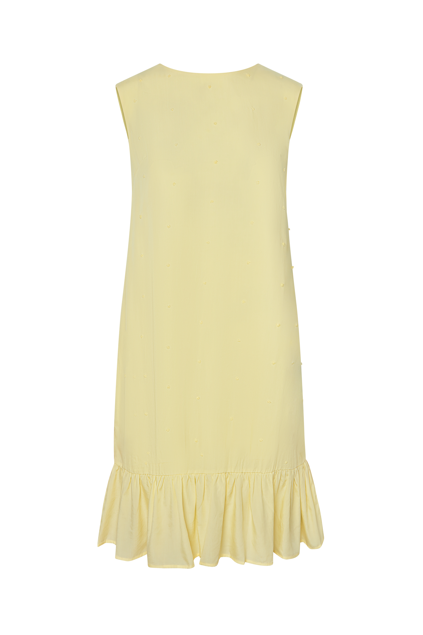 Yellow sleeveless dress with ruffled hem on a white background