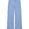 Blue and white gingham pants on a white background.