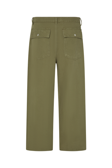 Army green military-style pants on a white background.