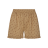 Beige boxer-style shorts with a floral pattern and ruffle detail at the bottom on a white background.