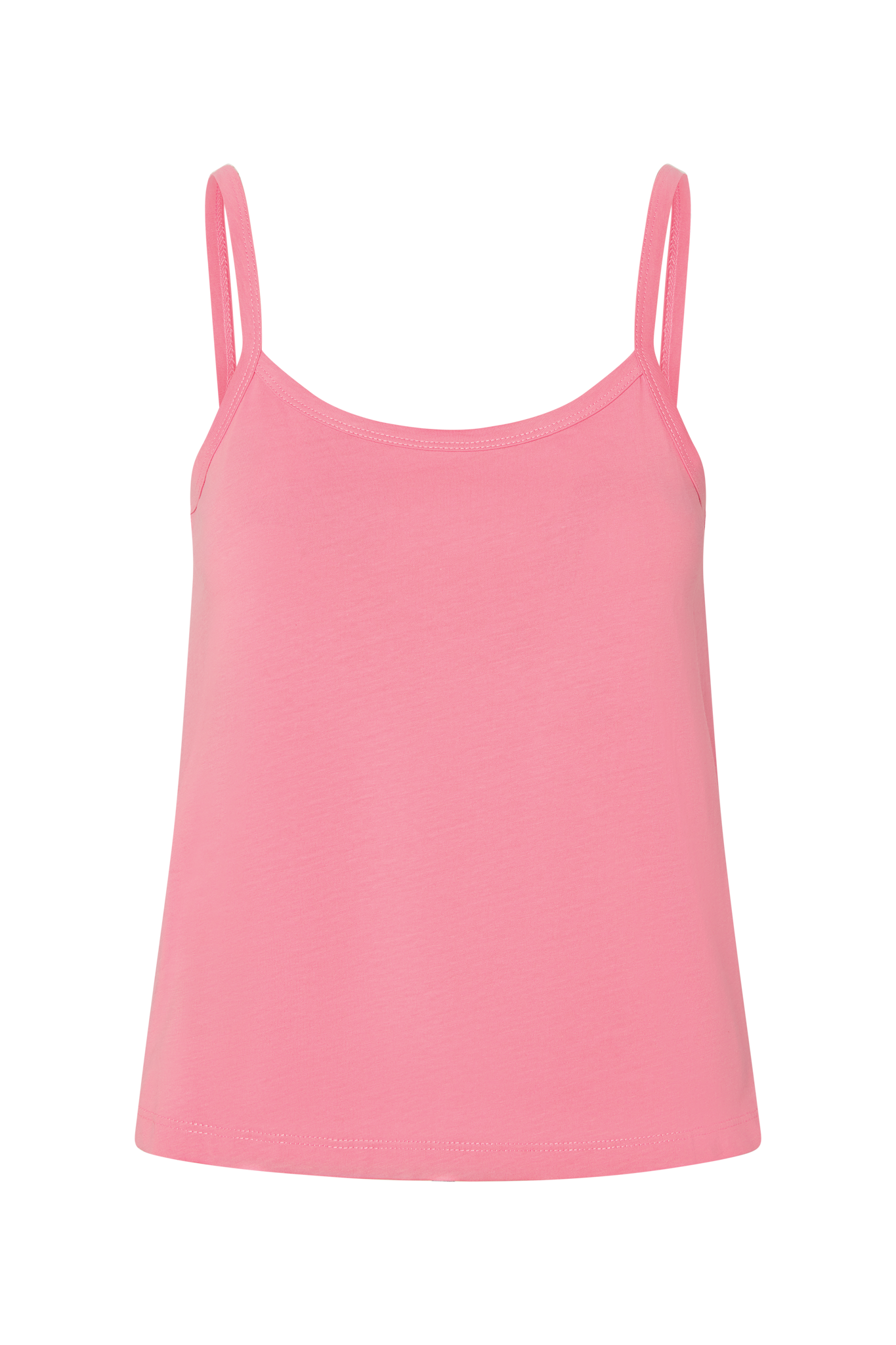 Pink tank top with thin straps on a white background.