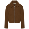 Brown zipper front wool jacket with a collar on a white background