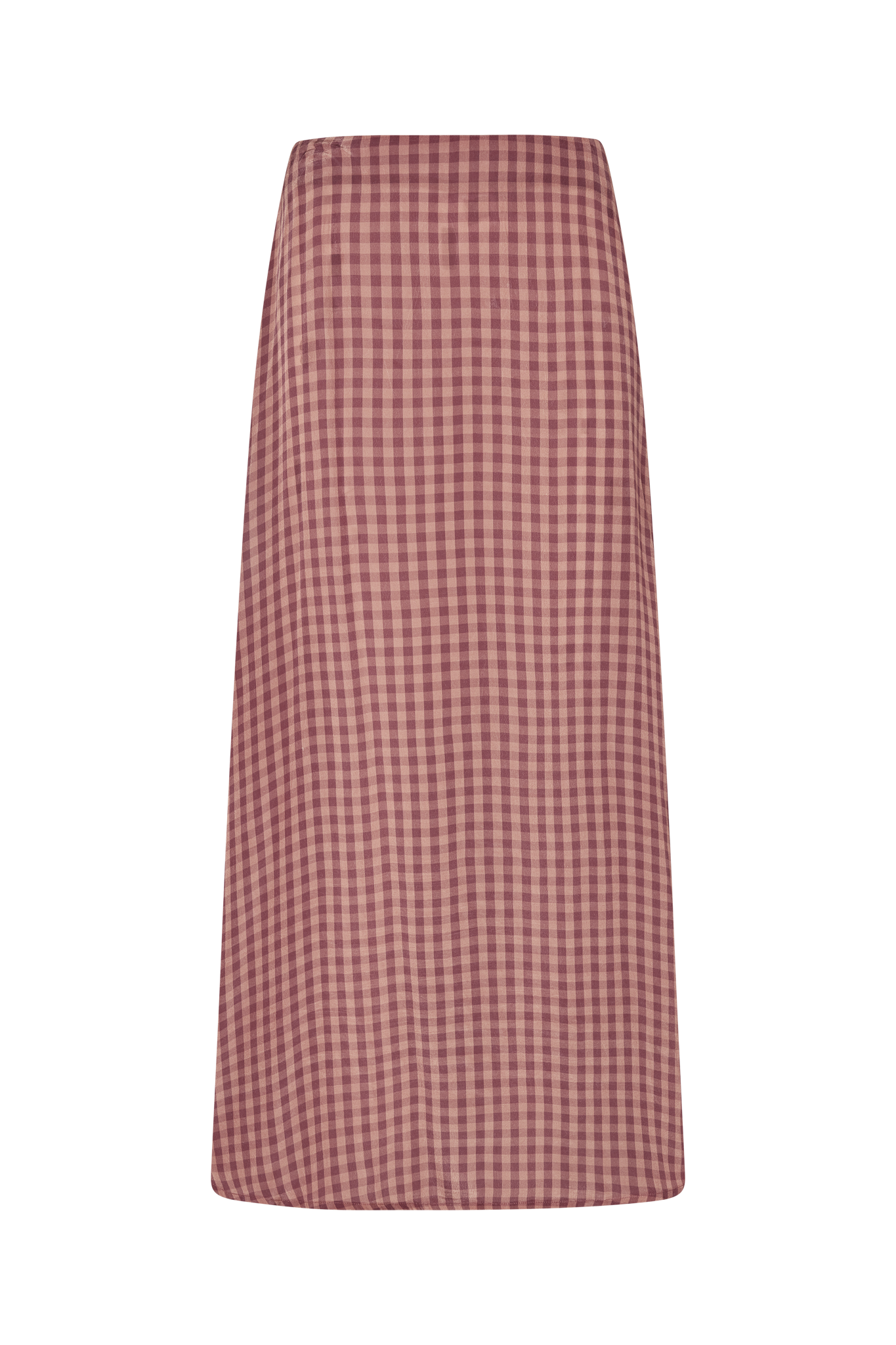 Red and pink gingham skirt on a white background.