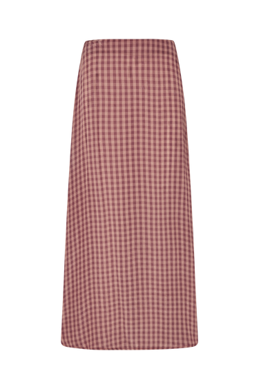 Red and pink gingham skirt on a white background.