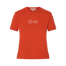 Red t-shirt with white stamp-style graphics on a white background.