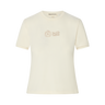 Cream t-shirt with brown stamp-style graphics on a white background.