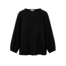 Black knit sweater with rolled hems on a white background.
