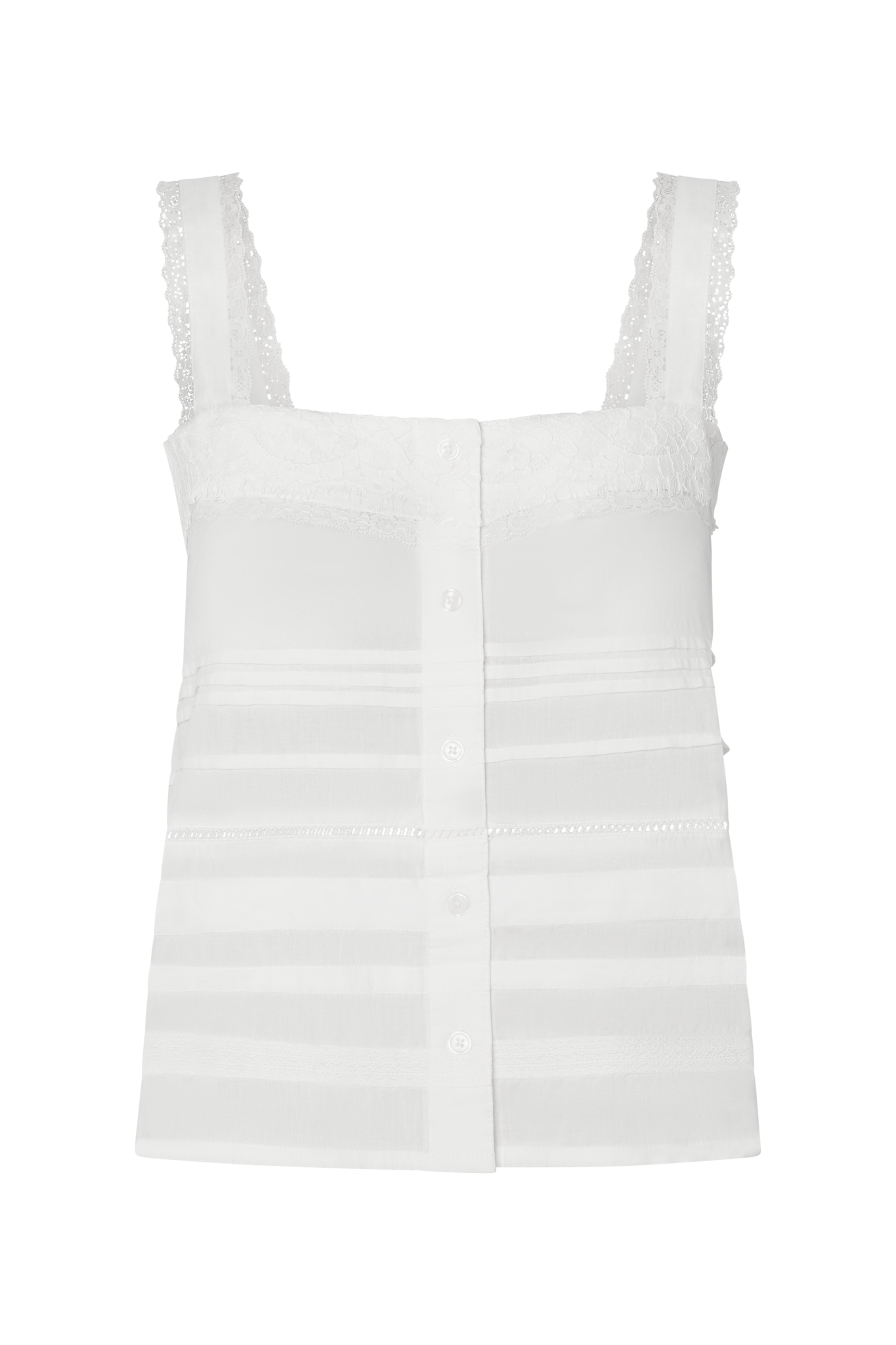 White button-up tank top with lace-lined straps on a white background