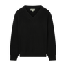 Black, v-neck knit sweater with ribbed hems on a white background.
