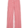 Red and white gingham pants on a white background.