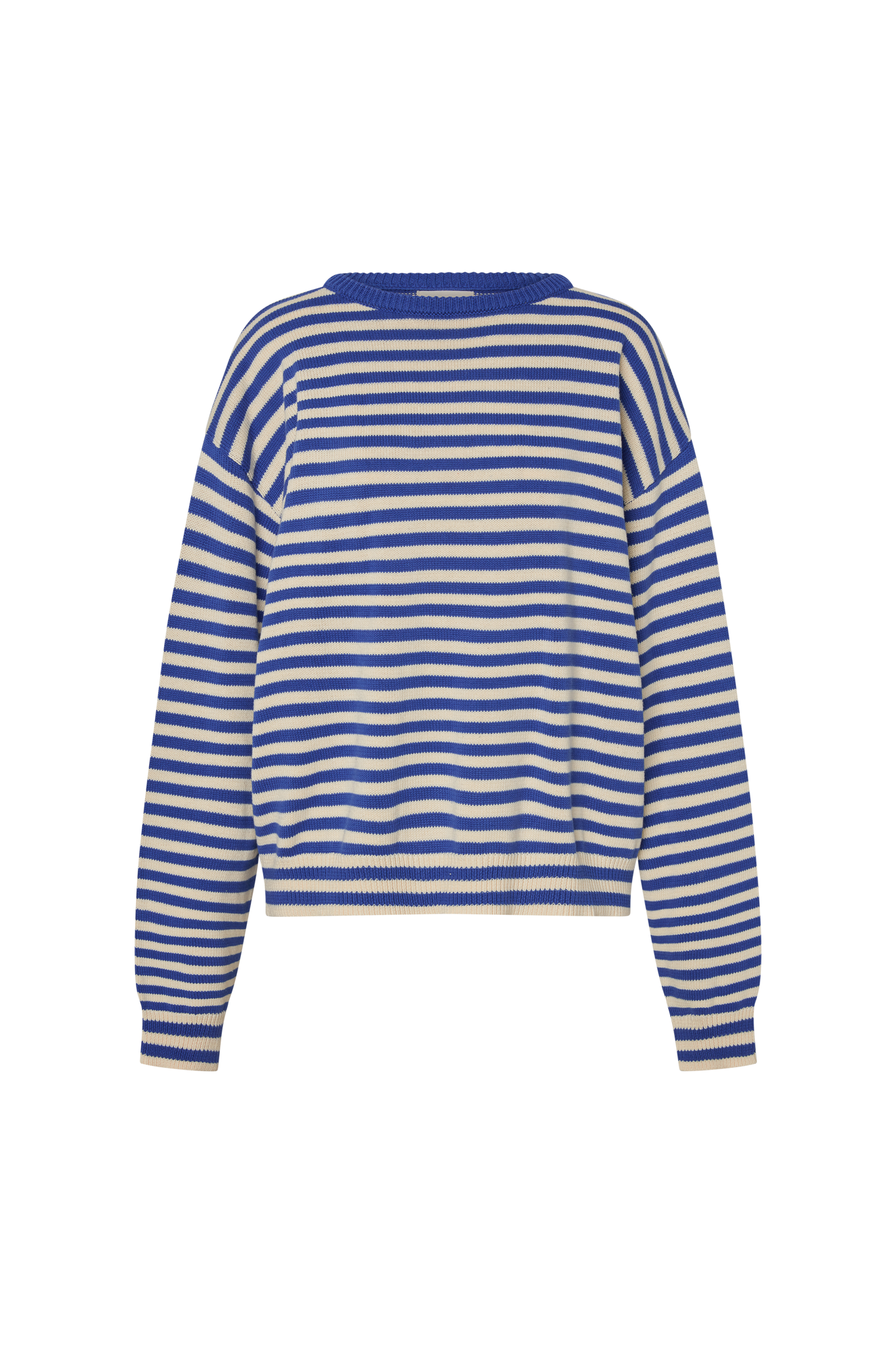 Cobalt blue and white striped sweater on a white background.