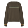 Brown sweater with a red stripe and a yellow stripe on a white background.