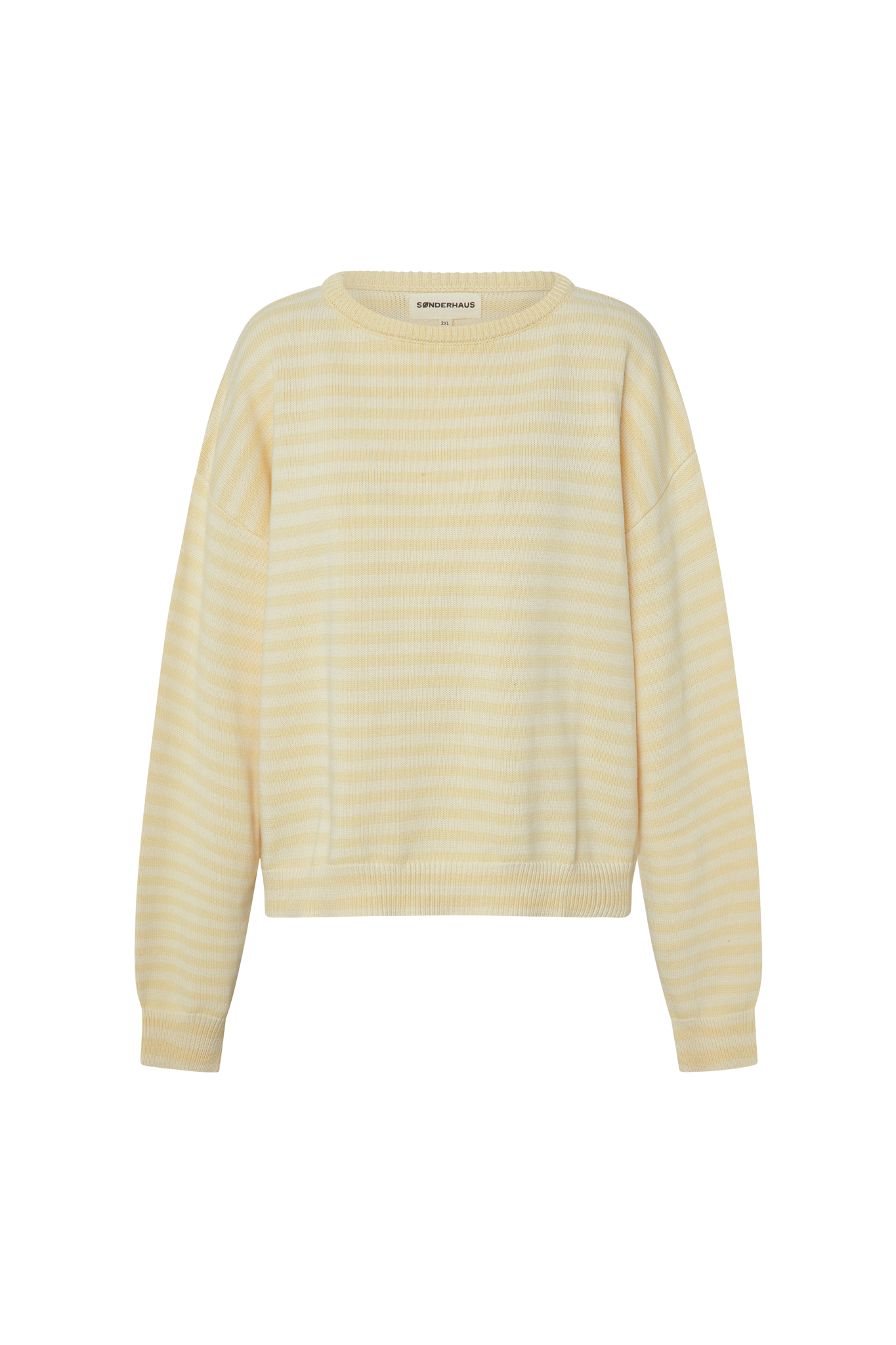 Yellow and white striped sweater on a white background.