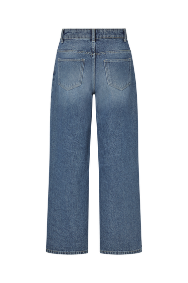 Medium wash blue jeans on a white background
