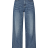 Medium wash blue jeans on a white background