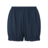 Navy blue eyelet, bloomer-style shorts with ruffled hem on a white background.