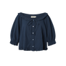Navy blue eyelet, button-up blouse with a ruffled neckline and short sleeves on a white background.