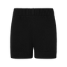 Black knit shorts with ribbed hems on a white background.