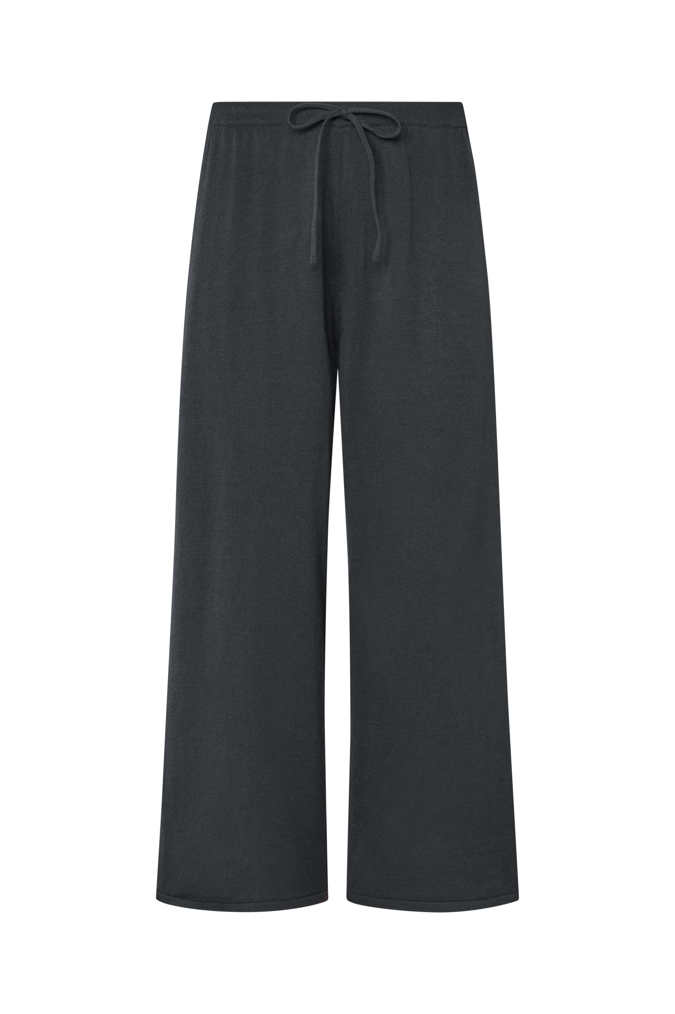 Black wide-leg pants with a drawstring waist on a white background