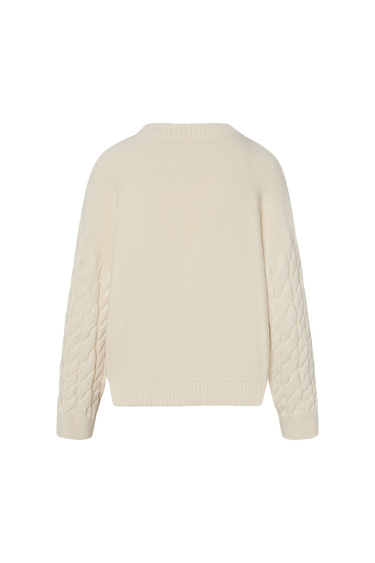 Beige cable knit sweater on a white background