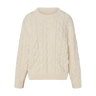 Cream-colored cable knit sweater on a white background