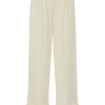 Cream pants with ruffled ankle hem on a white background.