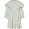 Light blue, knee-length dress with long sleeves and a ruffled collar on a white background.