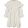 White knee-length dress with long sleeves and a ruffled collar on a white background.